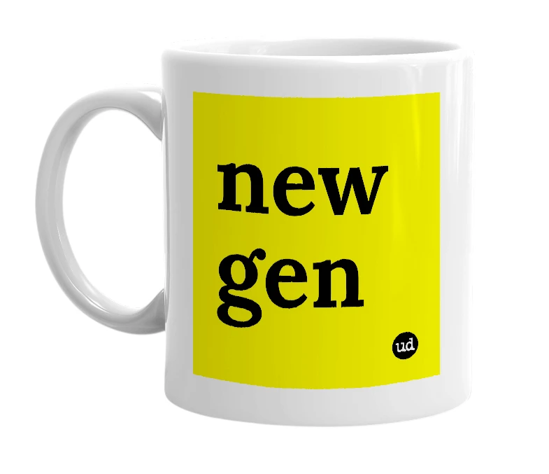 White mug with 'new gen' in bold black letters