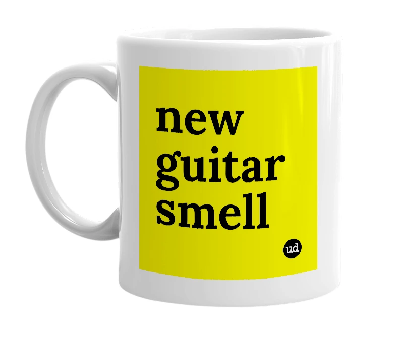 White mug with 'new guitar smell' in bold black letters