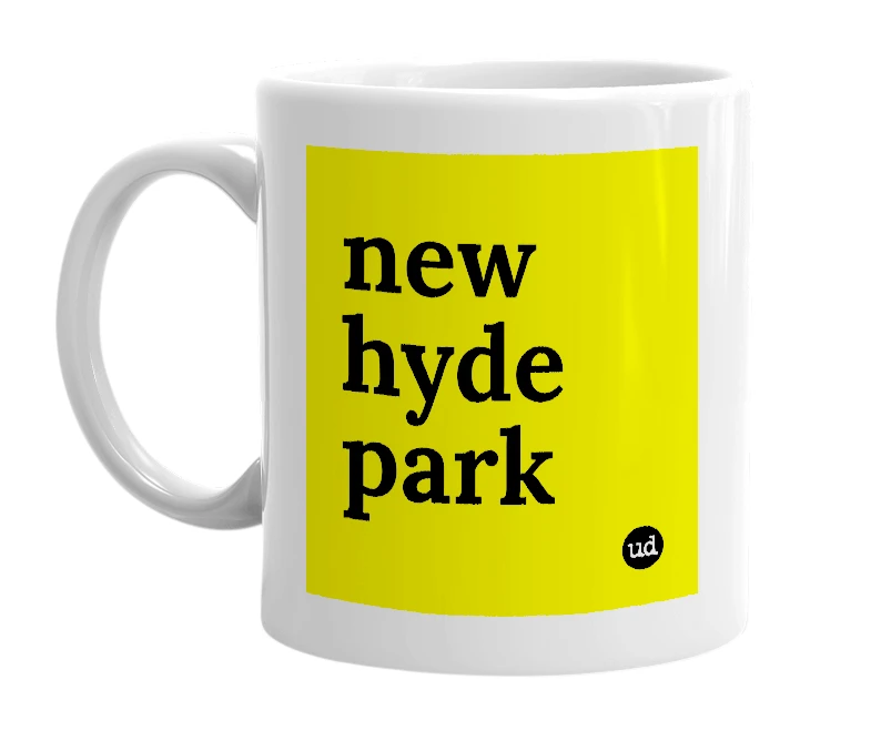 White mug with 'new hyde park' in bold black letters