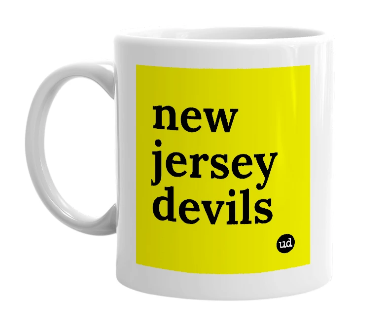White mug with 'new jersey devils' in bold black letters