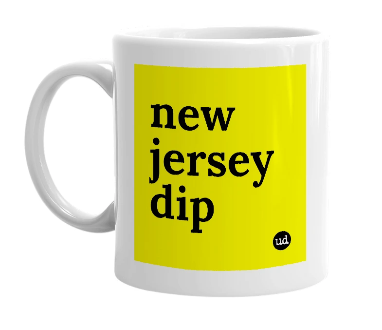 White mug with 'new jersey dip' in bold black letters