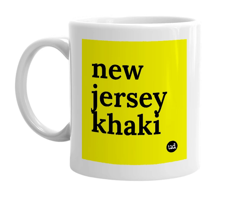 White mug with 'new jersey khaki' in bold black letters