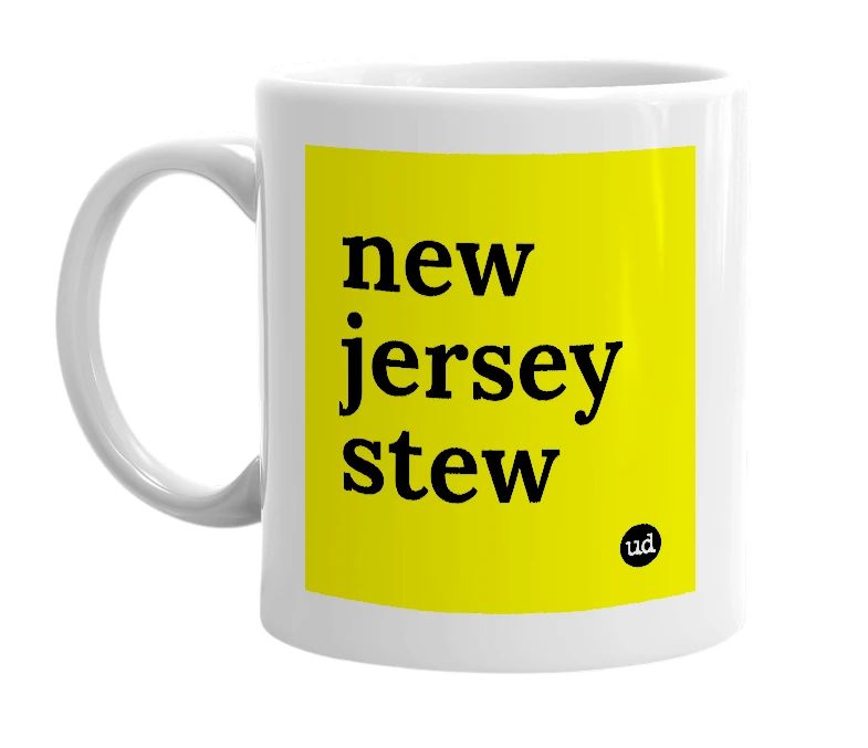 White mug with 'new jersey stew' in bold black letters