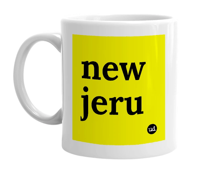 White mug with 'new jeru' in bold black letters
