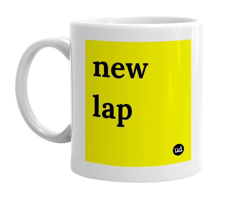 White mug with 'new lap' in bold black letters