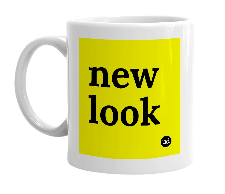 White mug with 'new look' in bold black letters