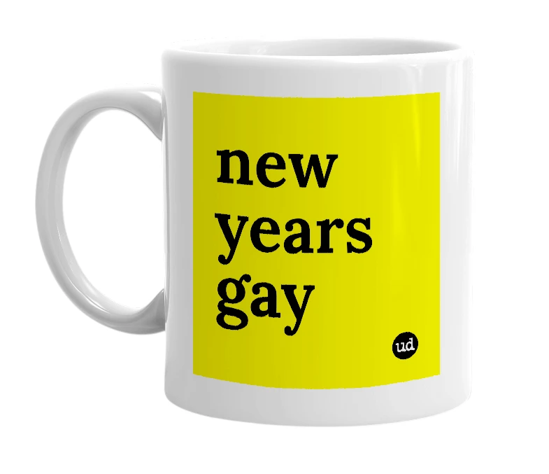 White mug with 'new years gay' in bold black letters