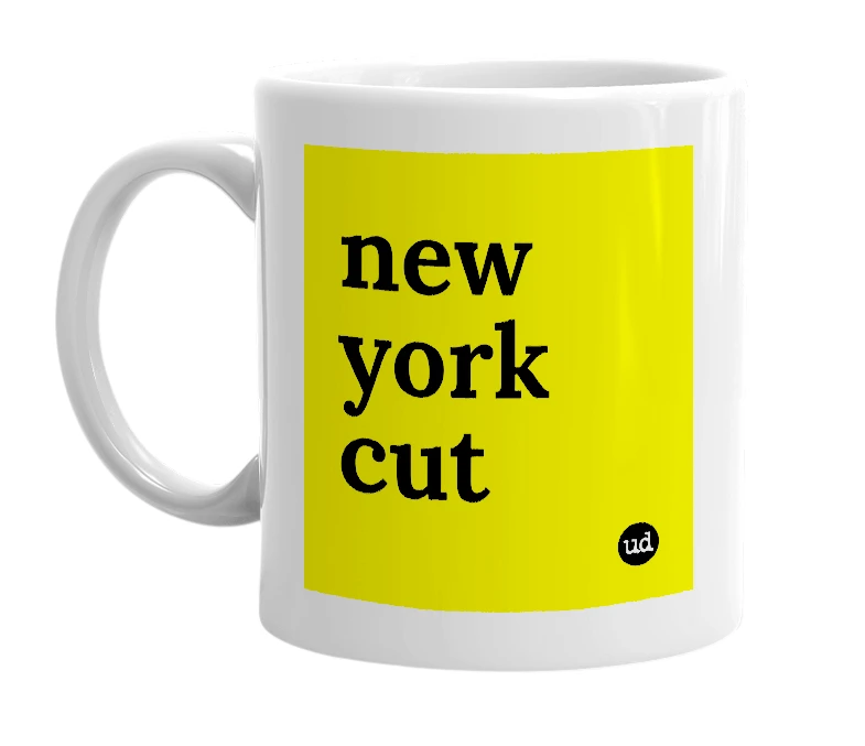 White mug with 'new york cut' in bold black letters
