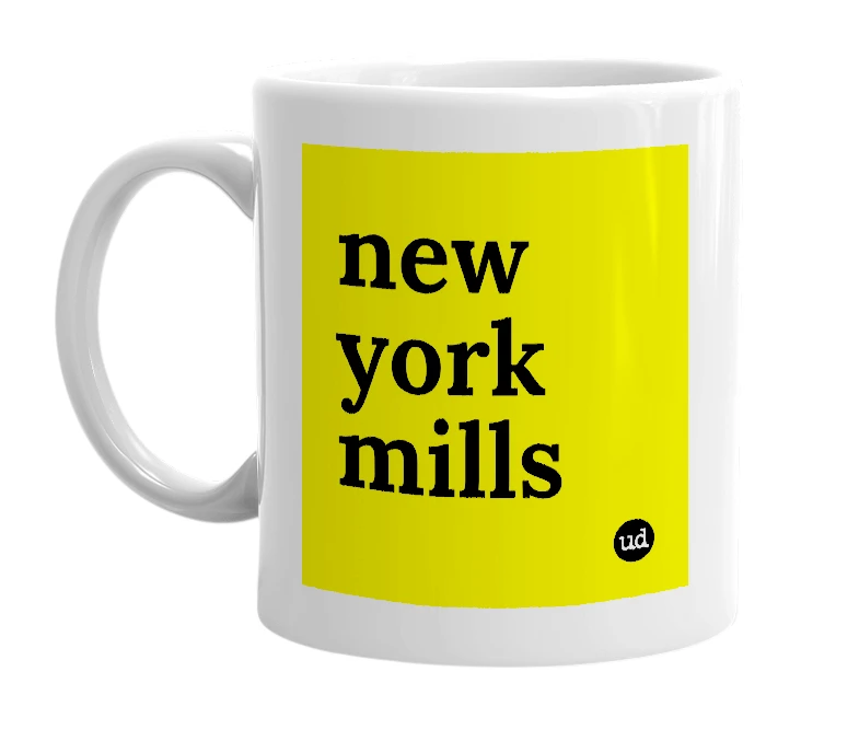 White mug with 'new york mills' in bold black letters