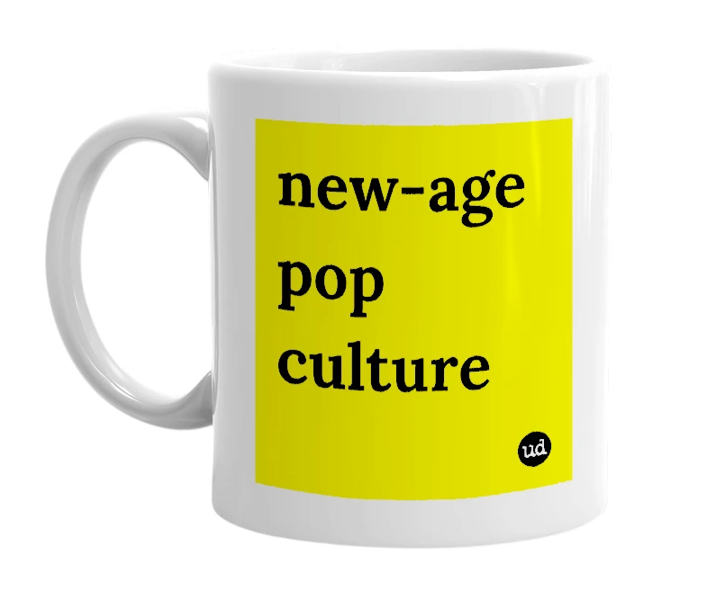 White mug with 'new-age pop culture' in bold black letters