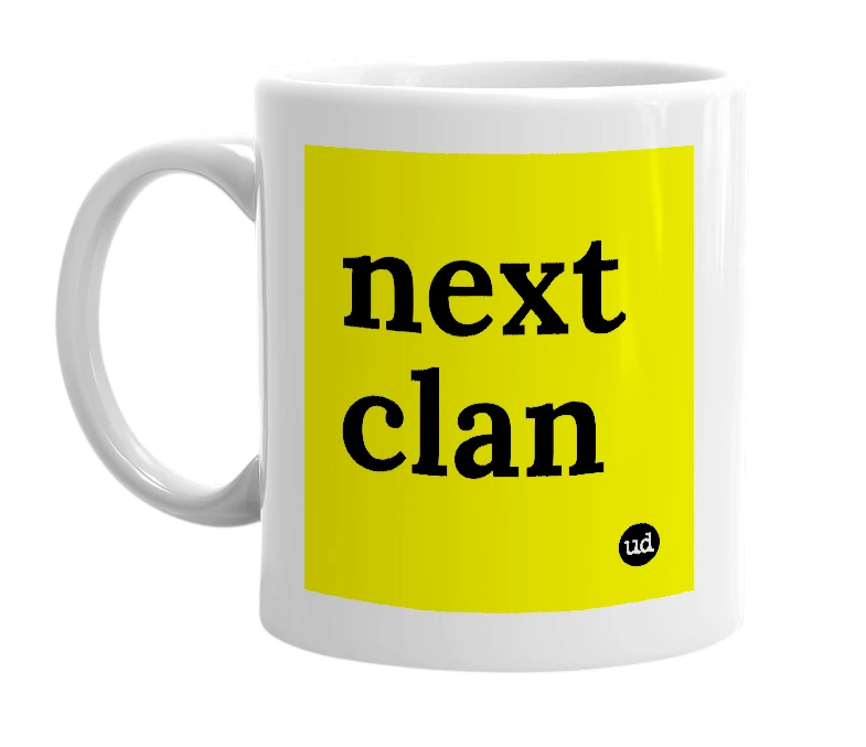 White mug with 'next clan' in bold black letters