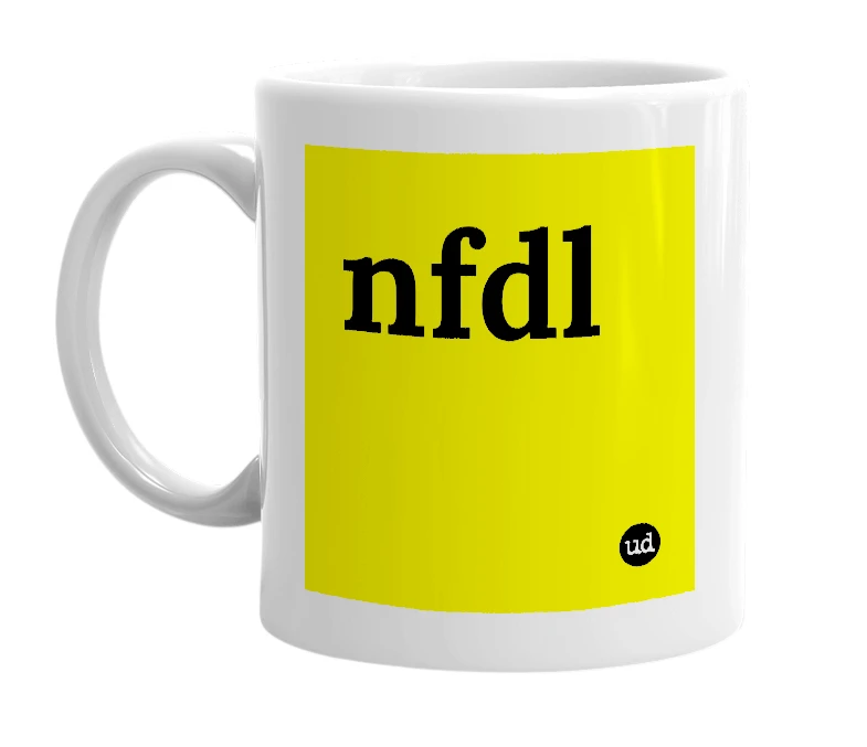 White mug with 'nfdl' in bold black letters