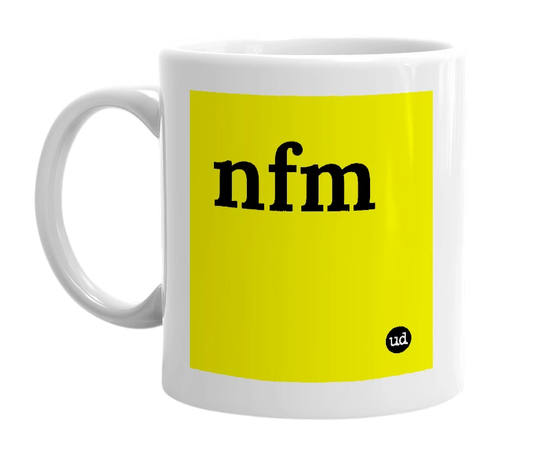 White mug with 'nfm' in bold black letters