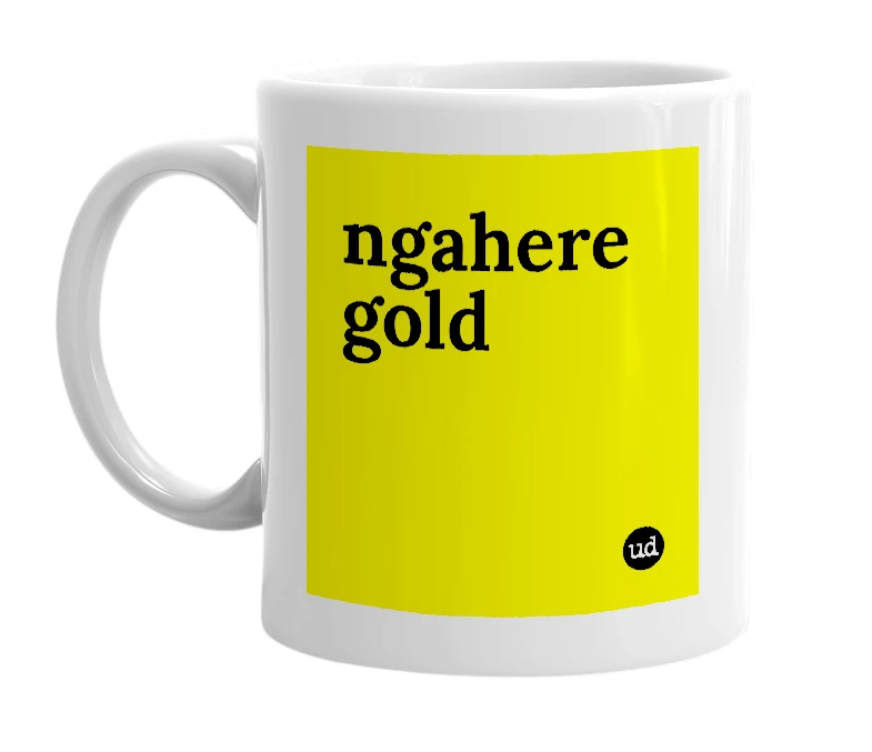 White mug with 'ngahere gold' in bold black letters