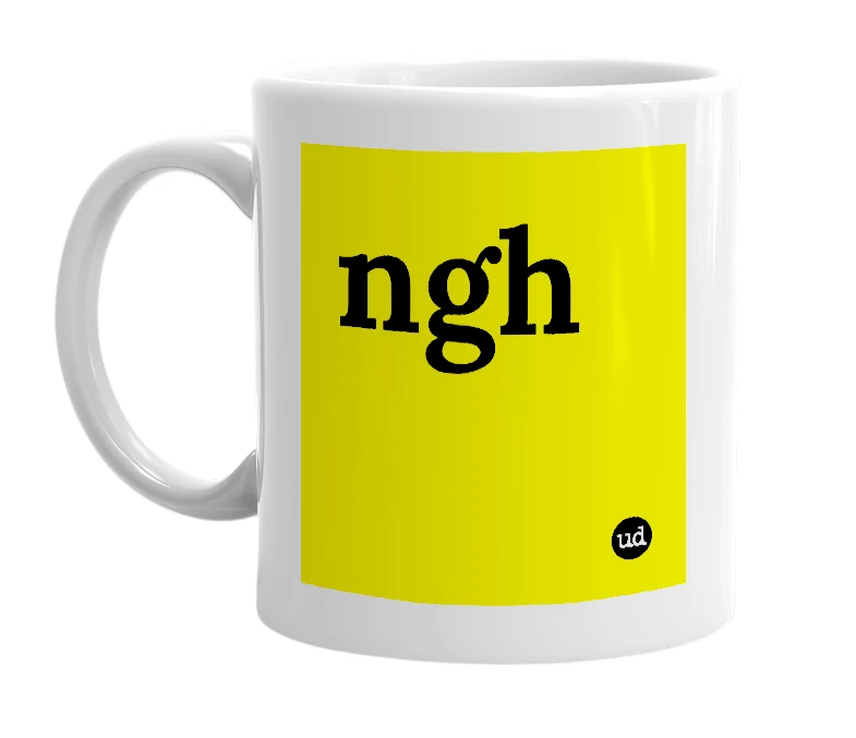 White mug with 'ngh' in bold black letters