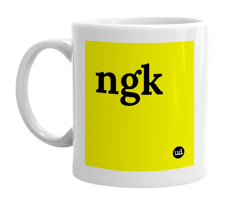 White mug with 'ngk' in bold black letters