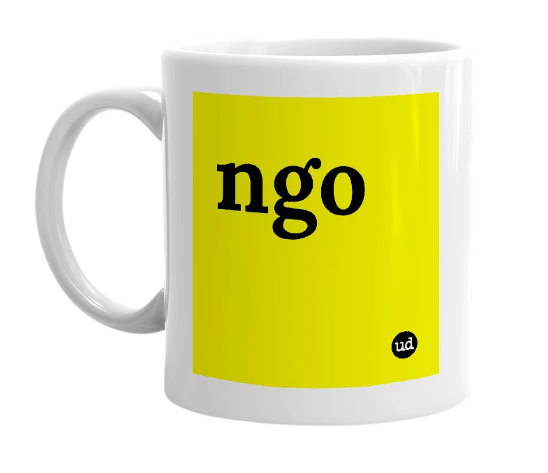 White mug with 'ngo' in bold black letters