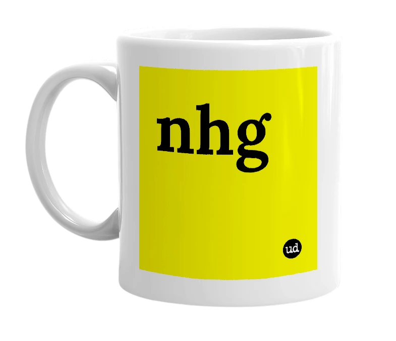 White mug with 'nhg' in bold black letters