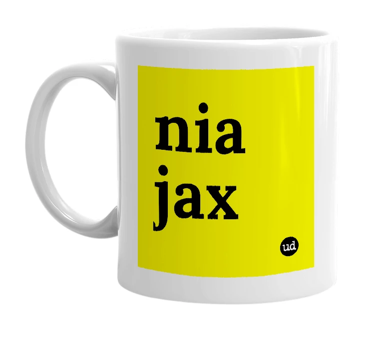 White mug with 'nia jax' in bold black letters