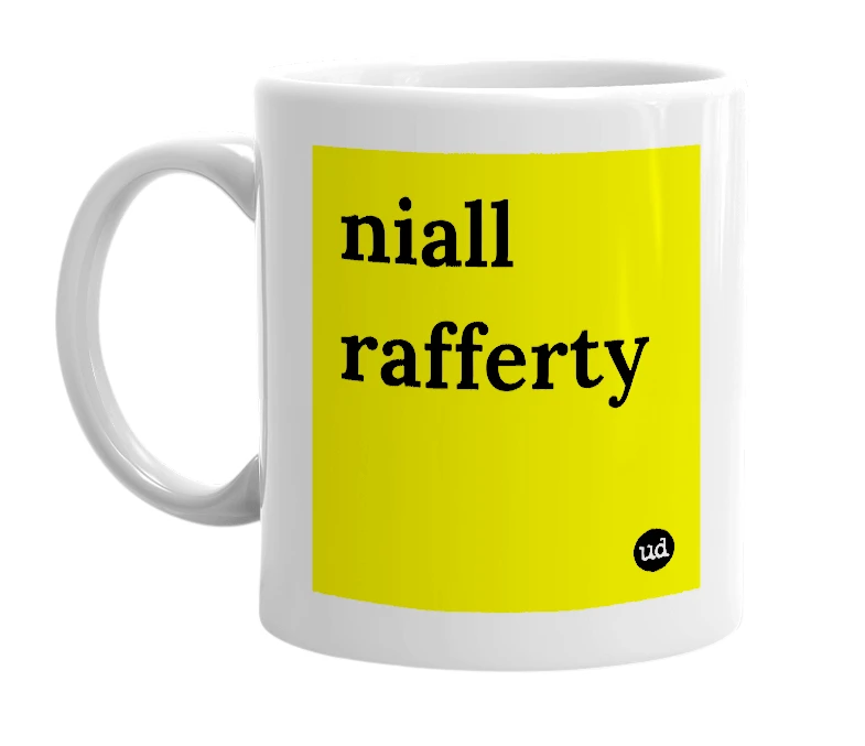 White mug with 'niall rafferty' in bold black letters