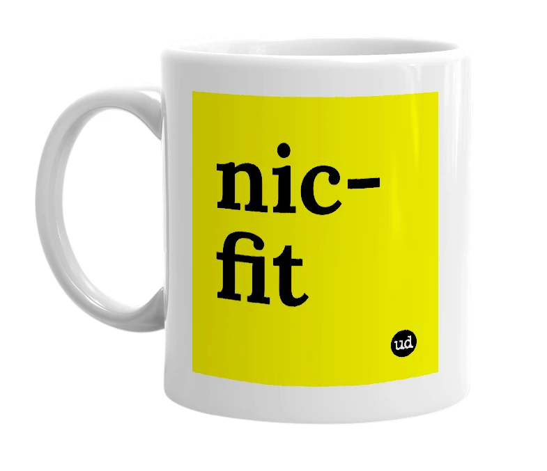 White mug with 'nic-fit' in bold black letters