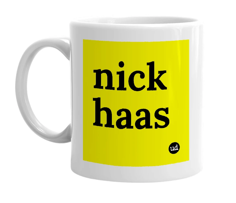 White mug with 'nick haas' in bold black letters
