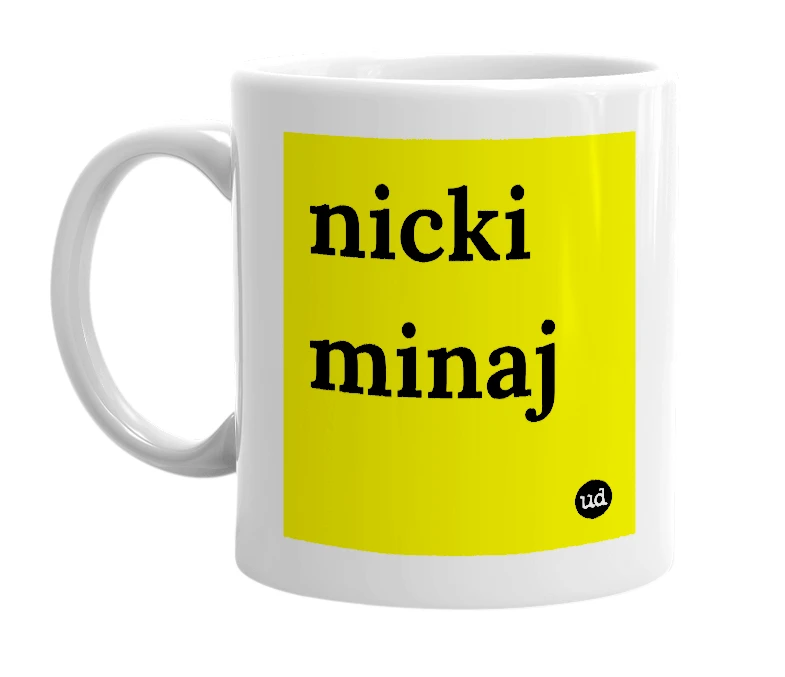 White mug with 'nicki minaj' in bold black letters