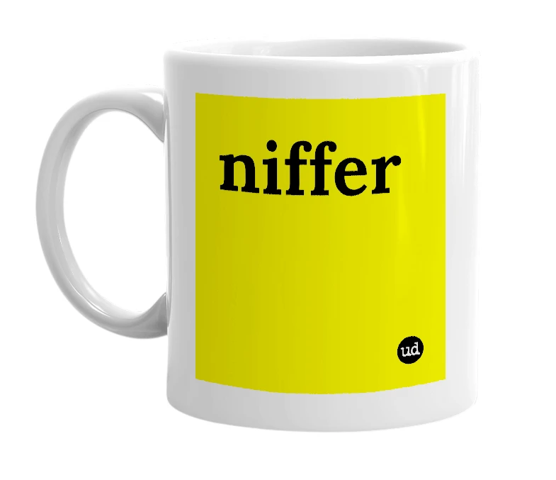 White mug with 'niffer' in bold black letters