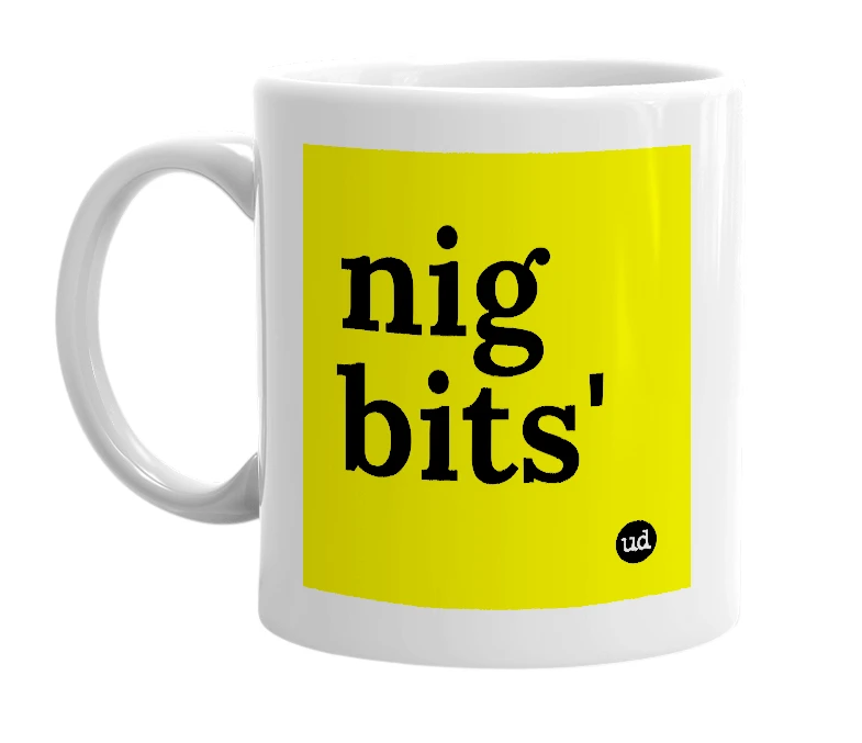 White mug with 'nig bits'' in bold black letters