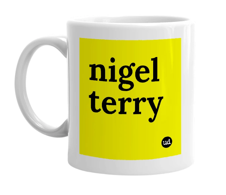 White mug with 'nigel terry' in bold black letters