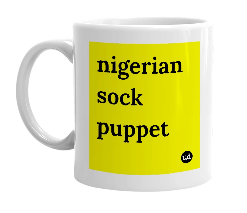 White mug with 'nigerian sock puppet' in bold black letters