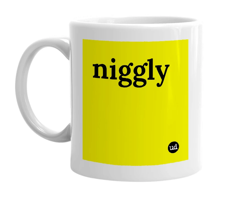 White mug with 'niggly' in bold black letters