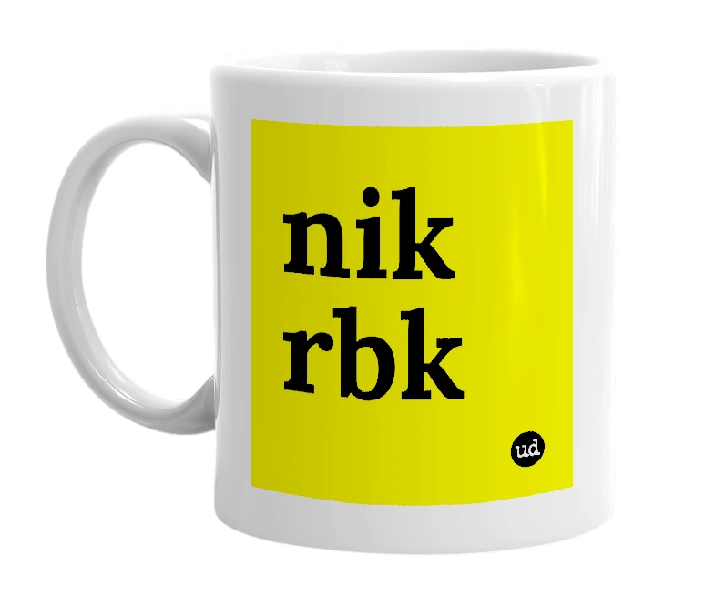 White mug with 'nik rbk' in bold black letters