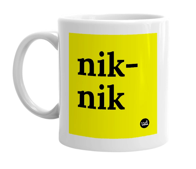 White mug with 'nik-nik' in bold black letters