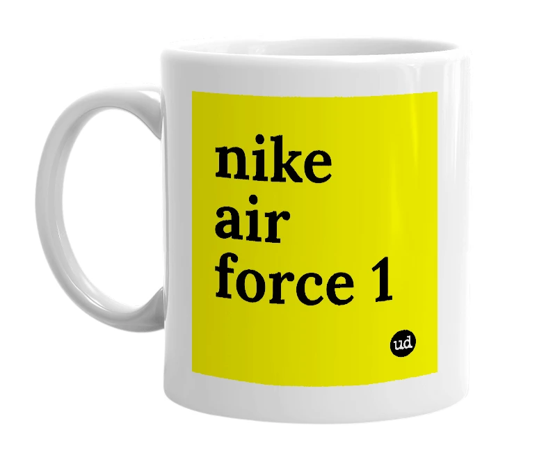 White mug with 'nike air force 1' in bold black letters