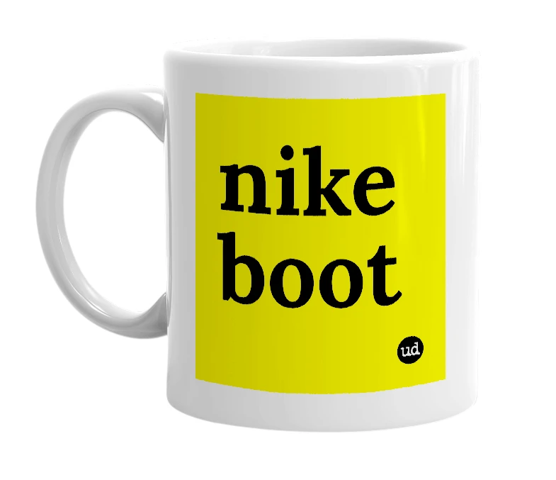 White mug with 'nike boot' in bold black letters