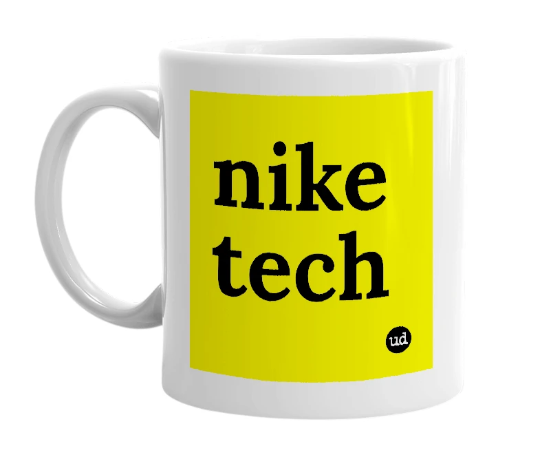 White mug with 'nike tech' in bold black letters