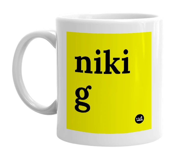 White mug with 'niki g' in bold black letters