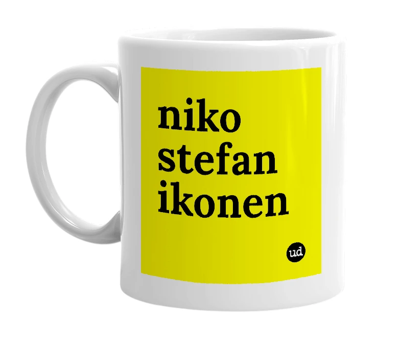 White mug with 'niko stefan ikonen' in bold black letters