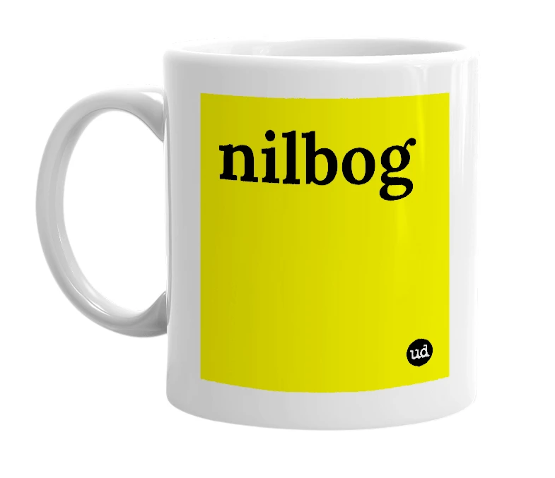 White mug with 'nilbog' in bold black letters