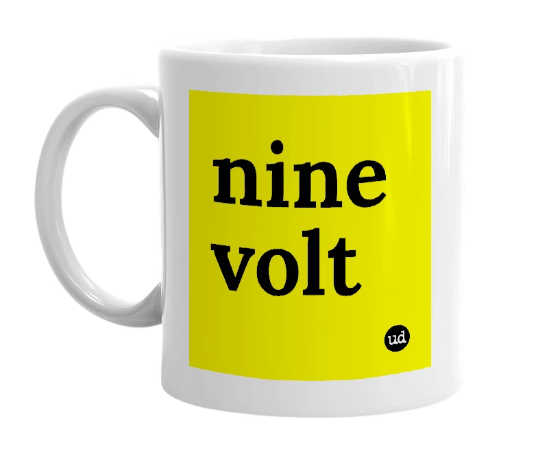 White mug with 'nine volt' in bold black letters