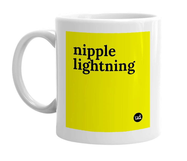 White mug with 'nipple lightning' in bold black letters