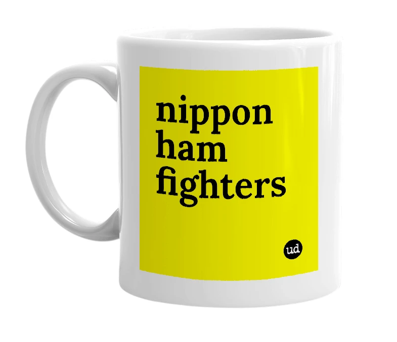 White mug with 'nippon ham fighters' in bold black letters