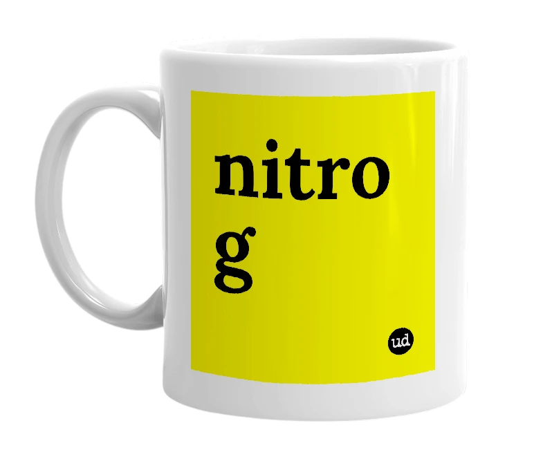 White mug with 'nitro g' in bold black letters