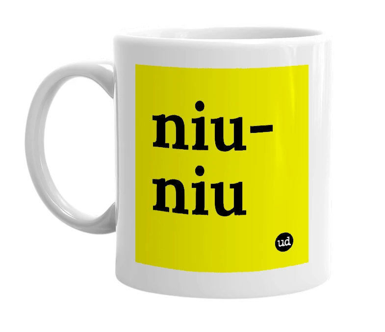 White mug with 'niu-niu' in bold black letters