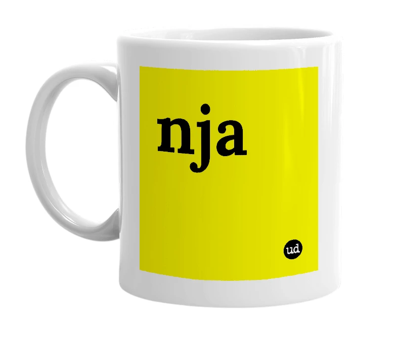 White mug with 'nja' in bold black letters