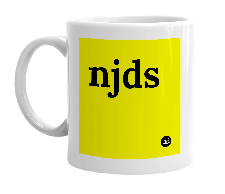 White mug with 'njds' in bold black letters