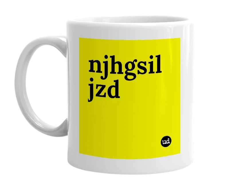 White mug with 'njhgsil jzd' in bold black letters