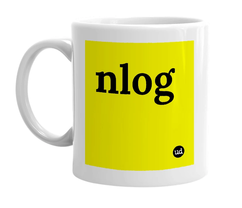 White mug with 'nlog' in bold black letters