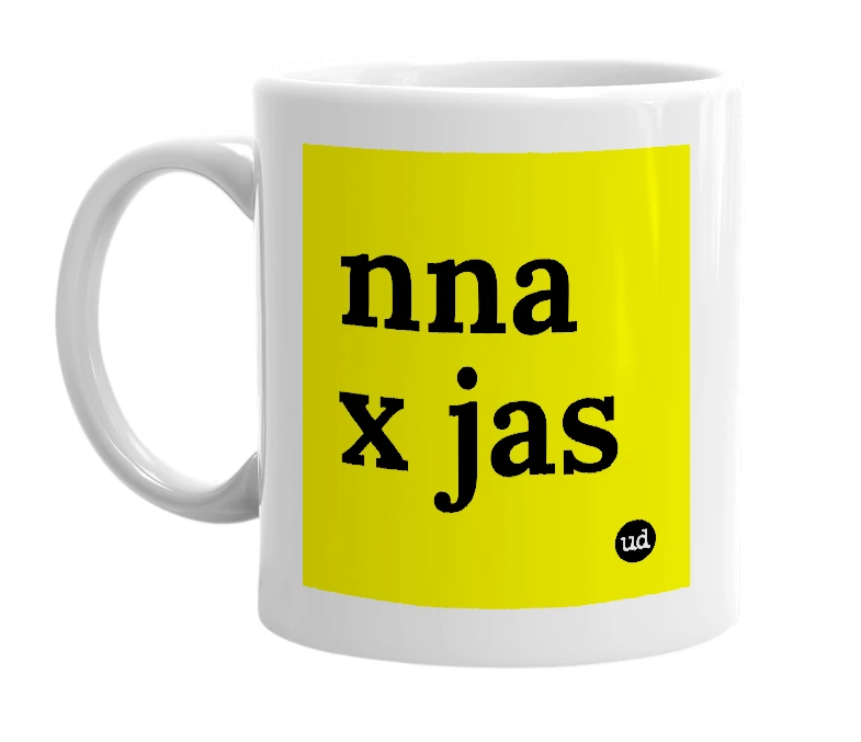 White mug with 'nna x jas' in bold black letters